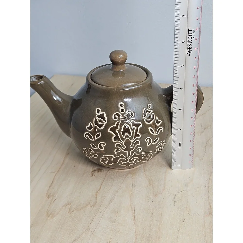 FSG Ceramic Teapot Tea Set 4 Pc Brown Floral Teapot 3 Cups Infuser EUC